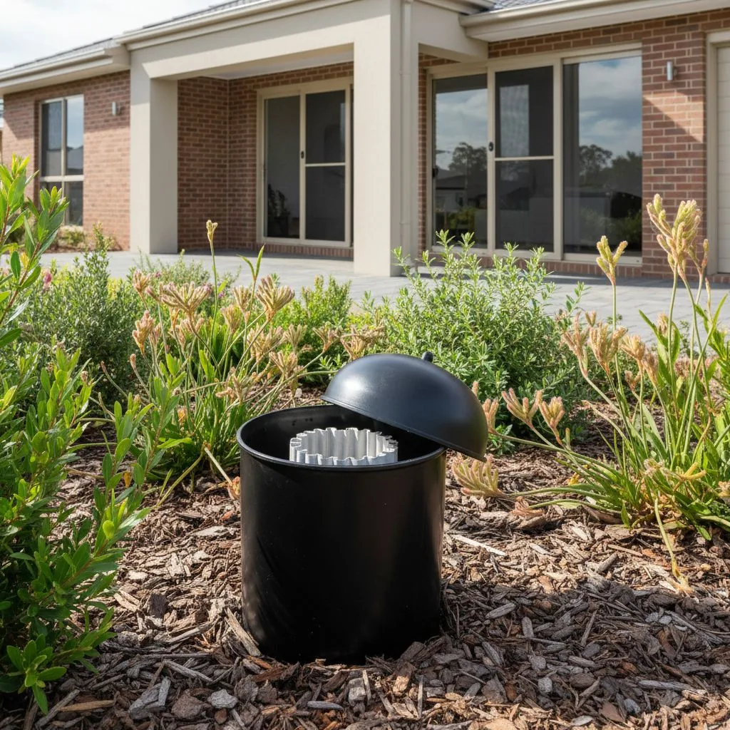 Illustrative pest monitoring device beside planting and a brick home