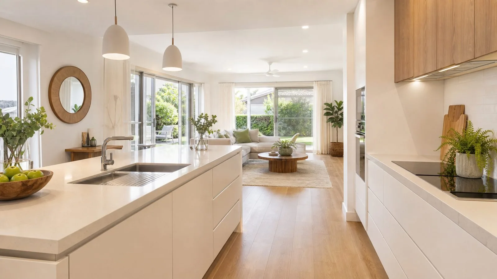 Kitchen cabinetry and adjoining living area in an occupied home